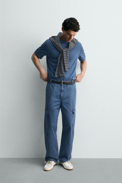 ZARA БРЮКИ КАРГО RELAXED FIT С ЭФФЕКТОМ ПОТЕРТОСТИ, СИНИЙ