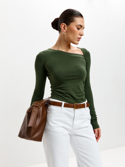 Лонгслив с асимметричным вырезом в цвете хаки