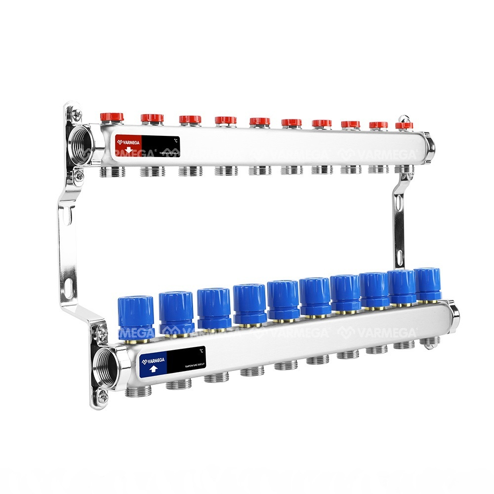 Распределительный коллектор (группа) для отопления Varmega VM15510 ВР 1", на 10 контуров 3/4" EK, нержавеющая сталь