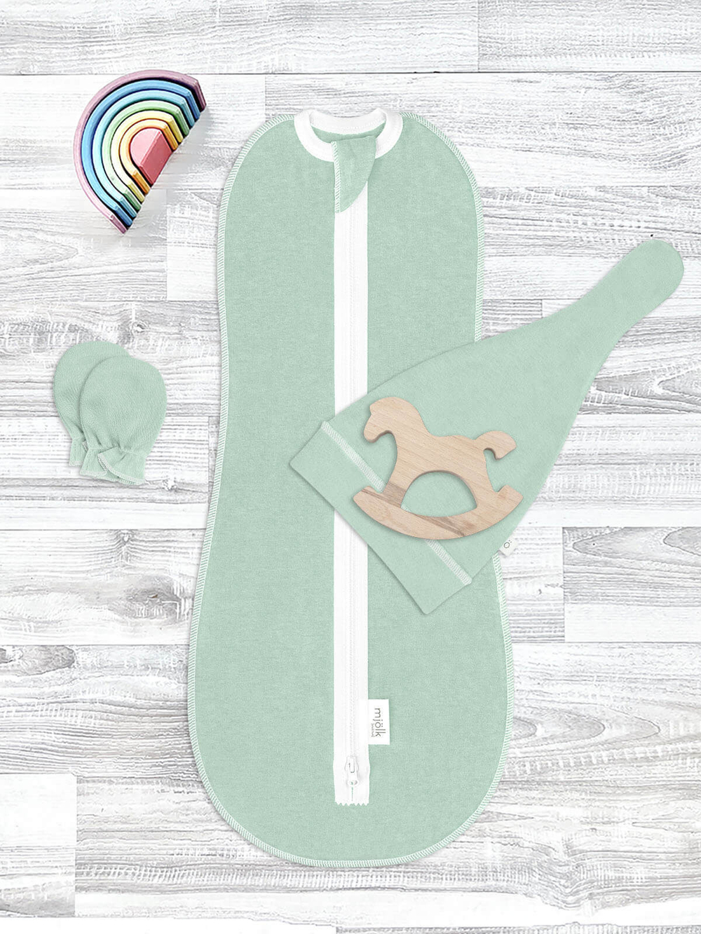 Комплект для новорожденного Mjölk Magic Mint {пеленальный кокон, шапочка, антицарапки}