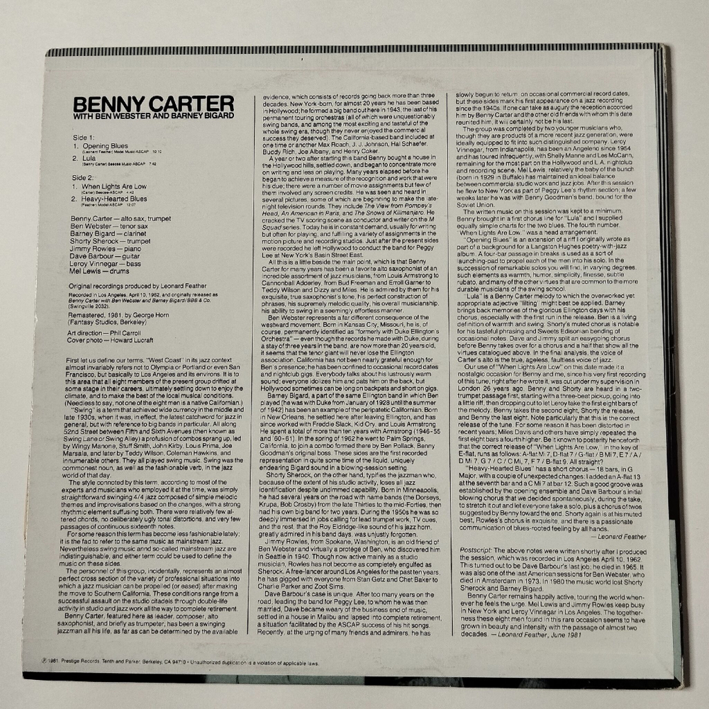 Винтажная виниловая пластинка LP Benny Carter With Ben Webster and Barney Bigard Opening Blues (USA 1981)
