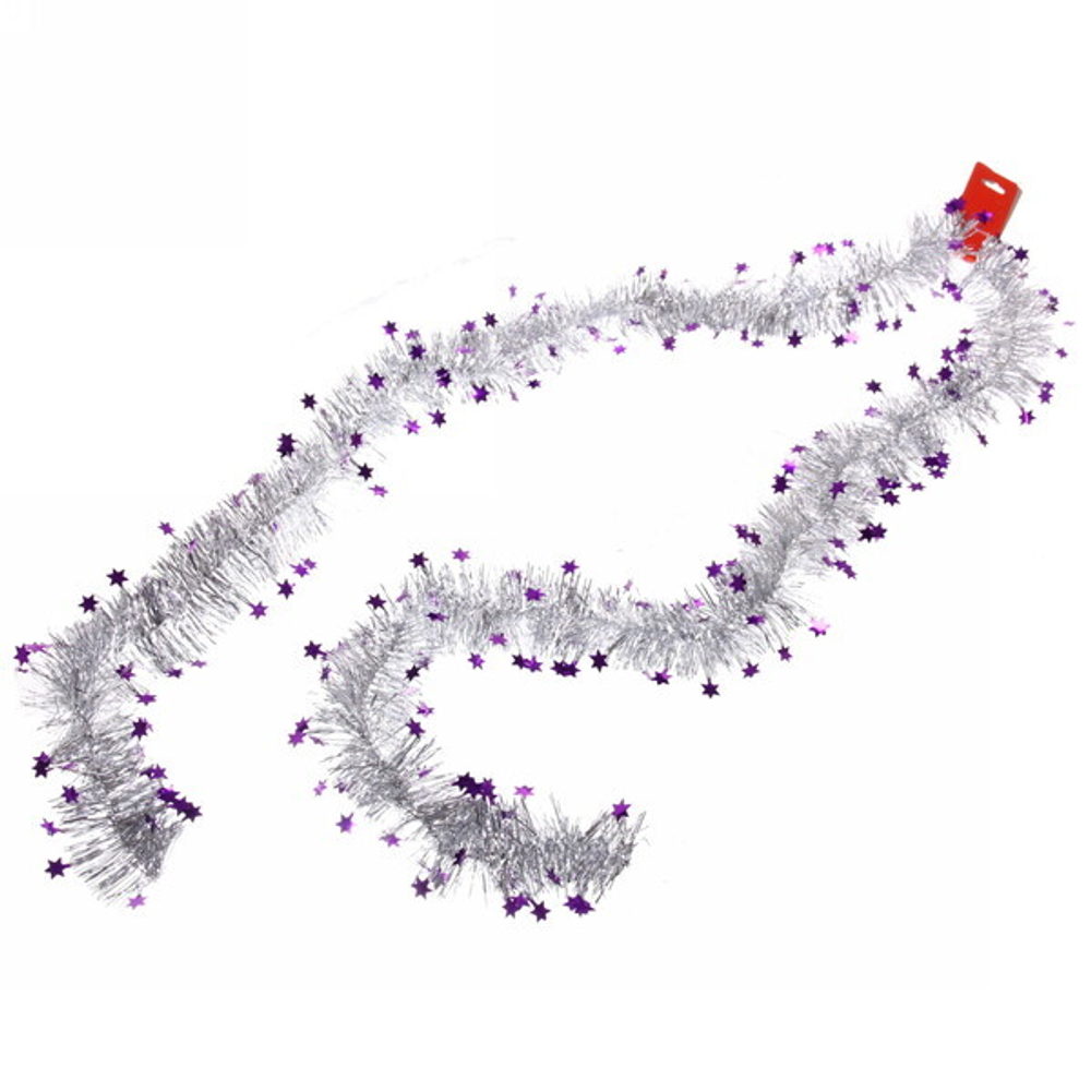 Мишура 2м 6см «Звездочки», Серебро/фиолетовый