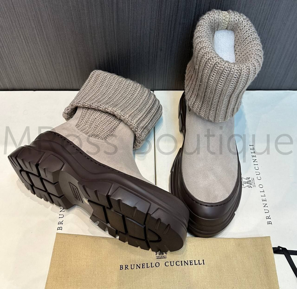 Ботинки Челси Brunello Cucinelli из замши с трикотажной вставкой из натуральной шерсти, кашемира и шелка