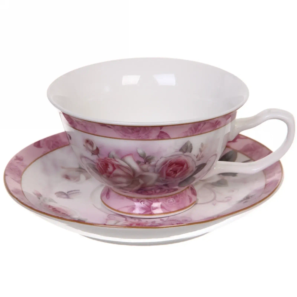 Чайная пара керамическая «Грация» (кружка 200мл+блюдце) в подарочной коробке, розовая