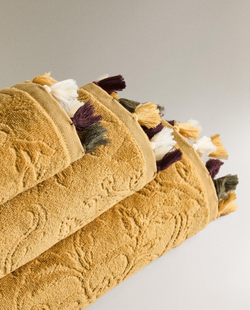 Zara Home - Жаккардовое банное полотенце с кисточками, горчичный, 30х50 см