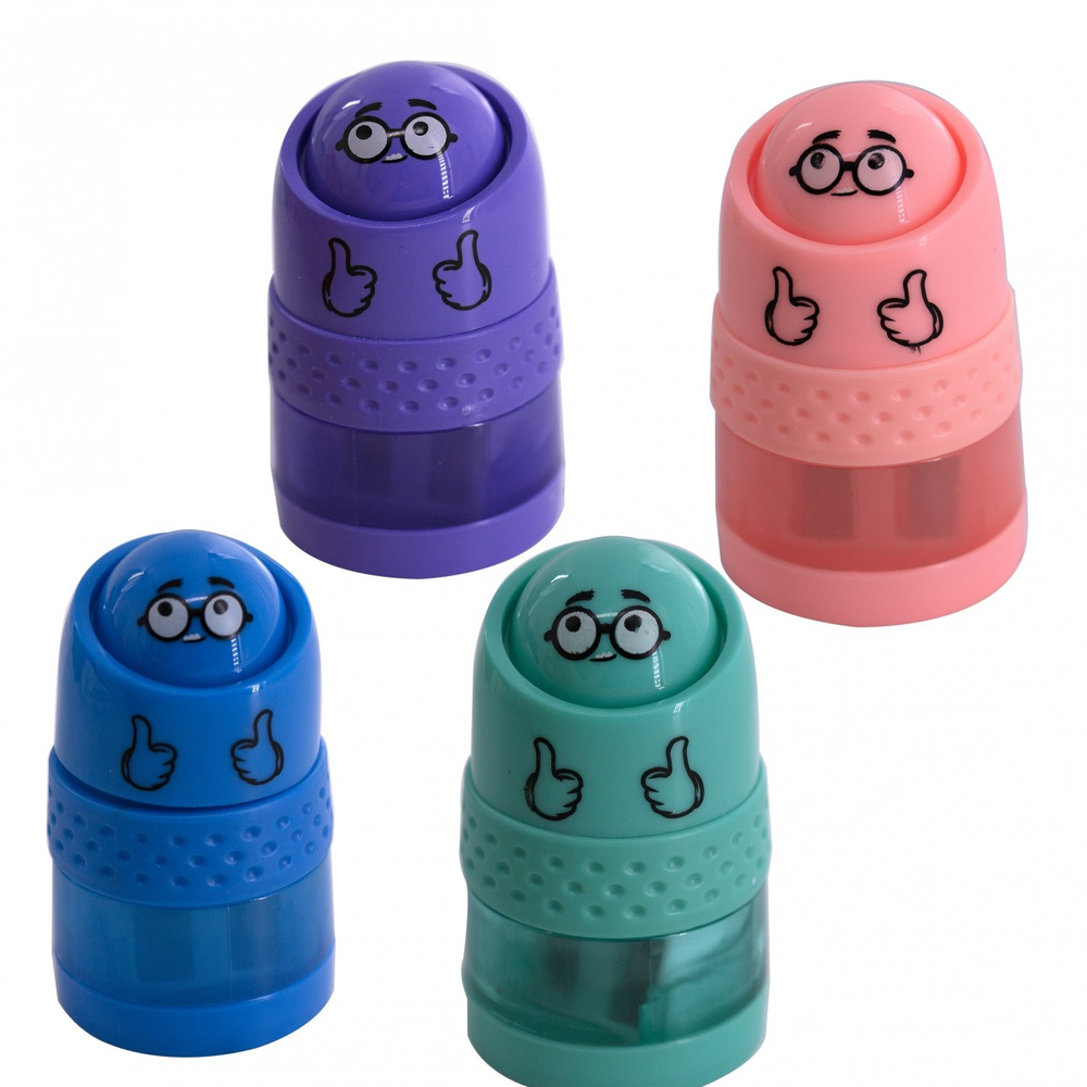 Точилка пластиковая с ластиком Alingar "Позитивчик", 2 отверстия, контейнер, ассорти, картонная упаковка