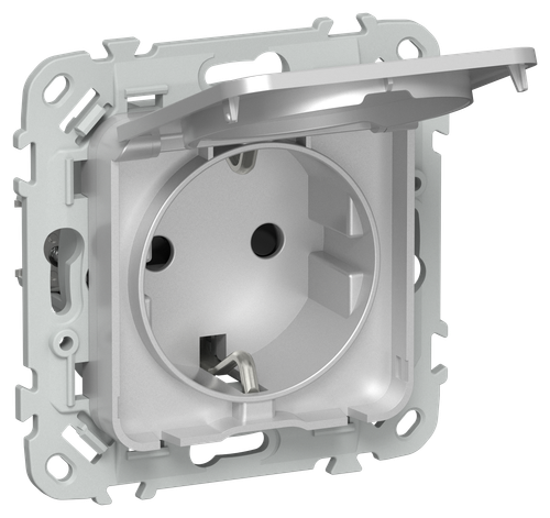 FLITE Розетка с заземлением с защитными шторками и крышкой 16А IP44 РСшкр11-0-44-ФлА алюминий IEK