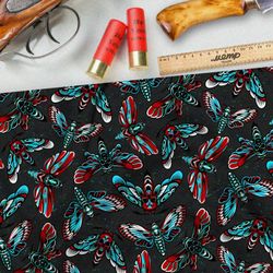 Ткань оксфорд 210 красно-синие цикады на чёрном фоне