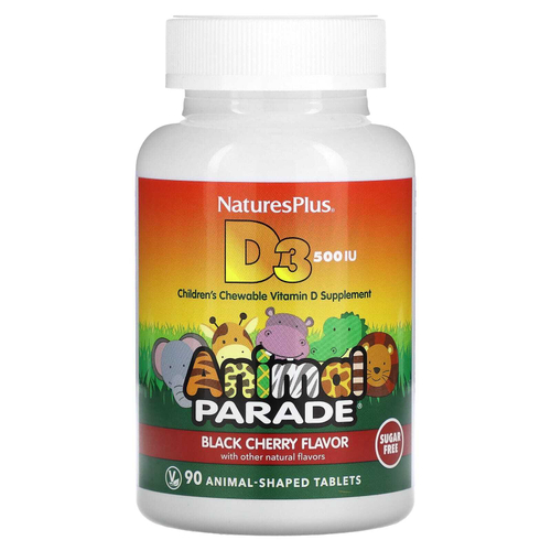 NaturesPlus, Animal Parade, витамин D3, без сахара, с экстрактом черешни, 12,5 мкг (500 МЕ), 90 таблеток в форме животных