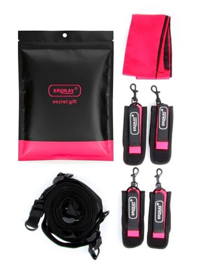 Черно-розовый эротический набор: фиксатор, оковы, наручники, повязка (Цвет: черный с розовым)