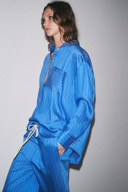 ZARA РУБАШКА ОВЕРСАЙЗ В ПОЛОСКУ — ZW COLLECTION, СИНИЙ/БЕЛЫЙ