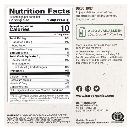 BareOrganics, Energizing, кофе с суперфудами, средней обжарки, 10 чашек по 11,5 г (0,41 унции)