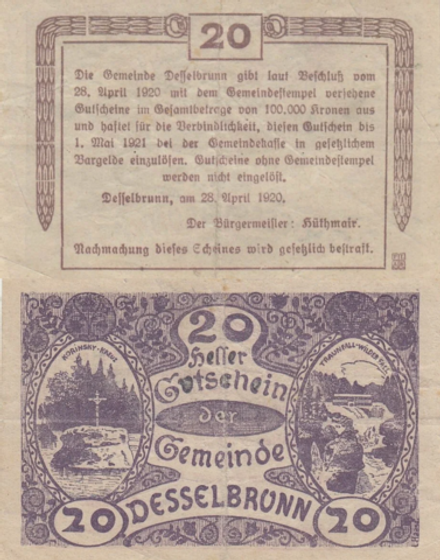 Австрия 20 геллеров 1920 Дессельбрунн aUNC