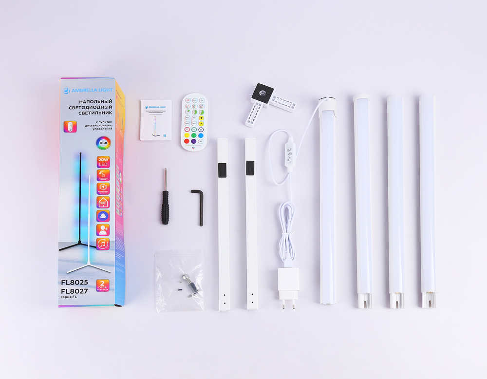 Светильник светодиодный напольный RGB с пультом FL8025 WH белый LED 20W RGB D32*1650 (ПДУ РАДИО 2.4G)