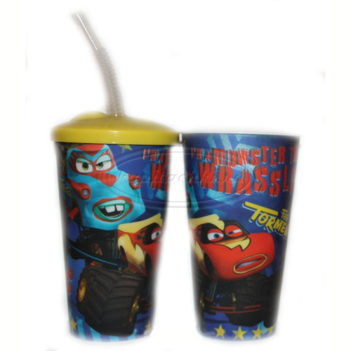 Бокал (600мл, с крышкой и соломинкой, с 3D рисунком, №3). ТАЧКИ