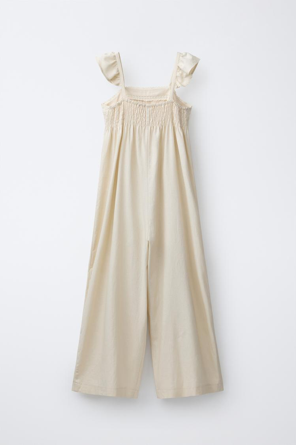 ZARA ДЛИННЫЙ КОМБИНЕЗОН ИЗ ЛЬНА С КРУЖЕВОМ, ЭКРЮ