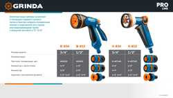 GRINDA Х-834, пистолет поливочный X-8, коннектор 3/4, коннектор 3/4 с автостопом, адаптер с внутр. резьбой 1/2 х 3/4,набор поливочный PROLine (429167)