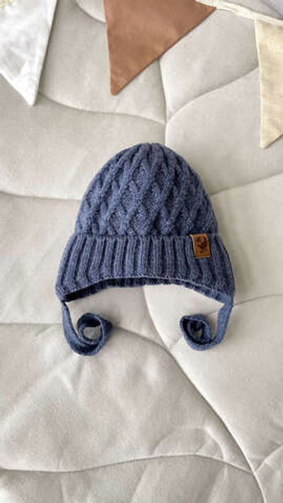 Шапка вязаная на завязках Ромбики (джинс)