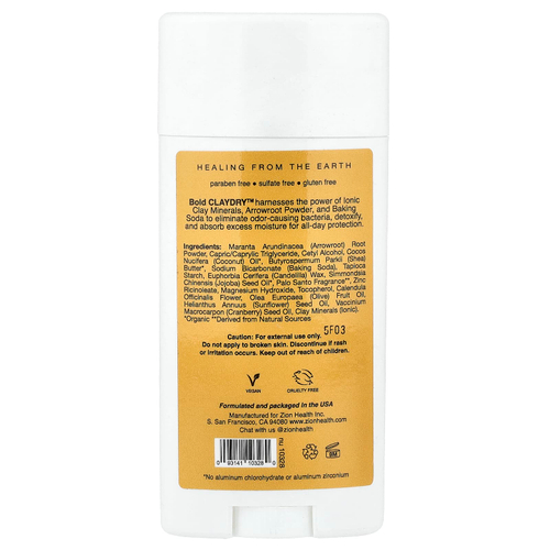 Zion Health, Claydry Deodorant, Bold, пало санто, 80 г (2,8 унции)