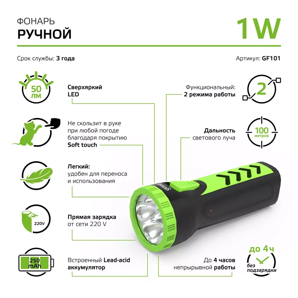 Фонарь Gauss LED ручной модель GFL101 1W 50lm lead acid 250mAh