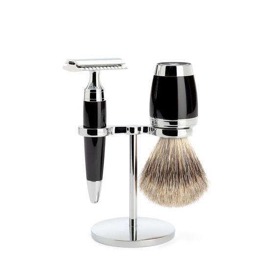 Бритвенный набор MUEHLE STYLO, черная смола, барсучий ворс категории Fine, Т-образная бритва (станок)