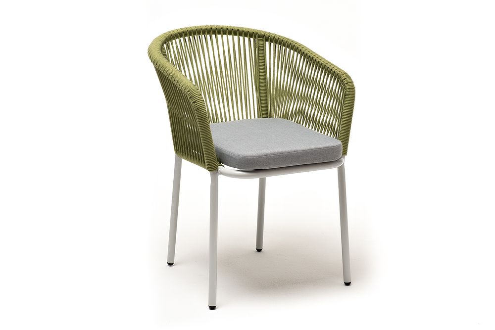 "Марсель" стул плетеный из роупа, каркас алюминий светло-серый (RAL7035) шагрень, роуп салатовый меланж круглый, ткань светло-серая