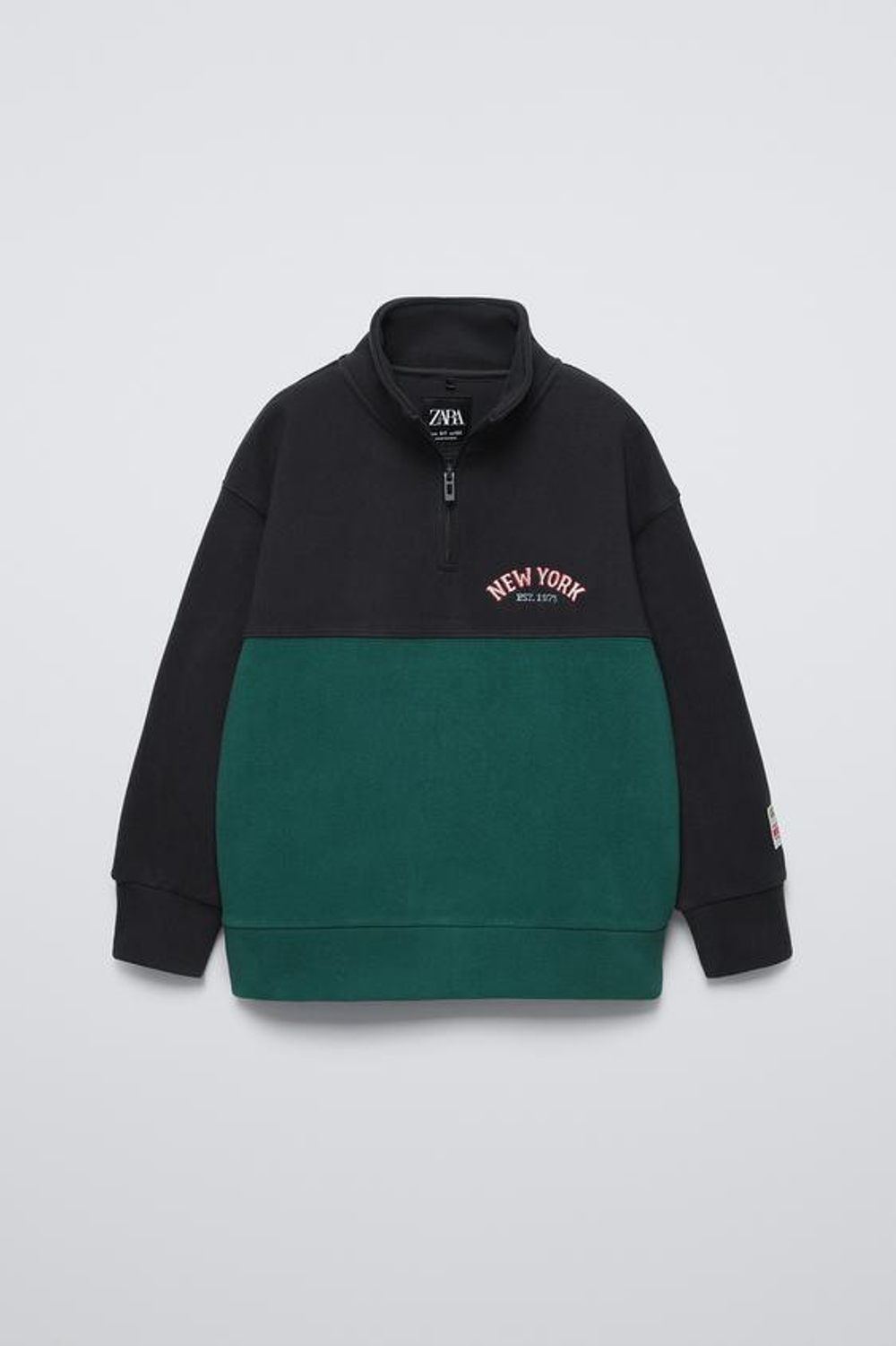 ZARA ХУДИ В СТИЛЕ КОЛОР-БЛОК ИЗ ФЛИСА, ЗЕЛЕНЫЙ/СЕРЫЙ