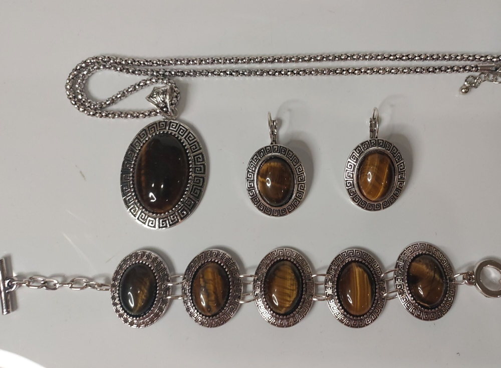 Комплект бижутерии "Тигровый глаз" - Овал (натуральный камень, бижутерный сплав)