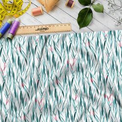 Ткань кулирная гладь плотные синеватые листья ивы на белом фоне