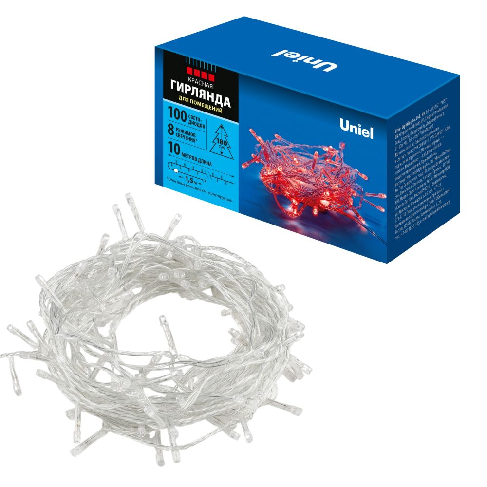 ULD-S1000-100-DTA RED IP20 Гирлянда светодиодная. 10м. 100 светодиодов. Красный свет. Провод прозрачный. ТМ Uniel