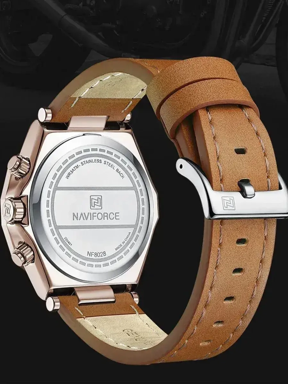 Часы наручные кварцевые NAVIFORCE на кожаном ремешке, золотистый/коричневый W8750-04