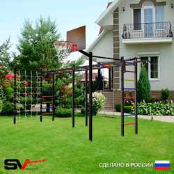 Уличная шведская стенка Sv Sport рукоход х 2 с комплектом турник прямой 2шт У52966К (Турник/Деревянные/Щит баскет/Сетка)