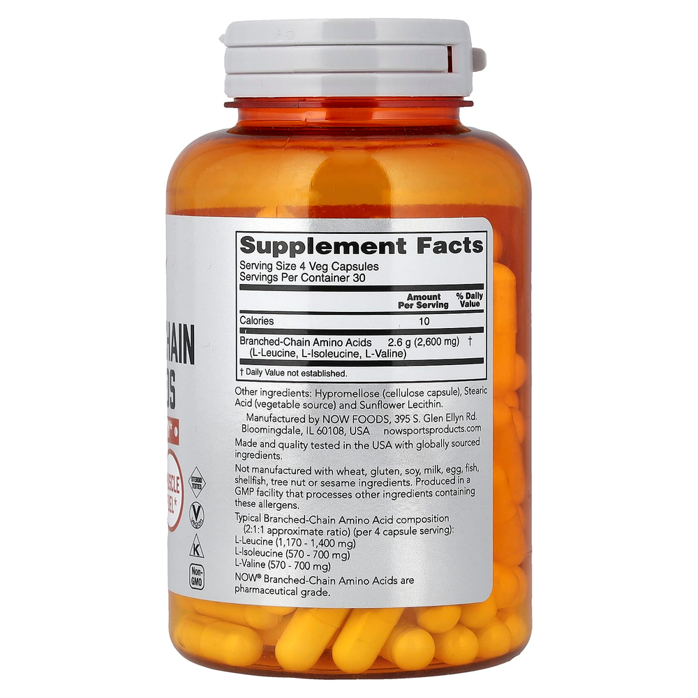 NOW Foods, Sports, аминокислоты с разветвленной цепью, 120 растительных капсул (650 мг в 1 капсуле)