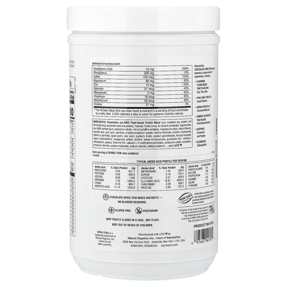 NaturesPlus, Spiru-Tein®, протеиновый порошок, со вкусом шоколада, 476 г (1,05 фунта)