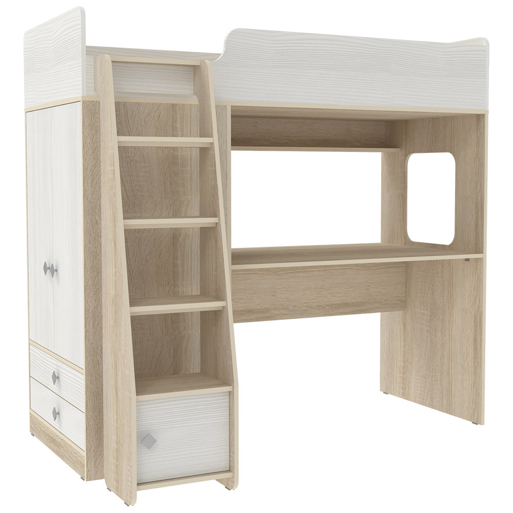 Кровать-чердак КарИВи Л-Ф607.1 75x175 Дуб Сонома Белое Дерево