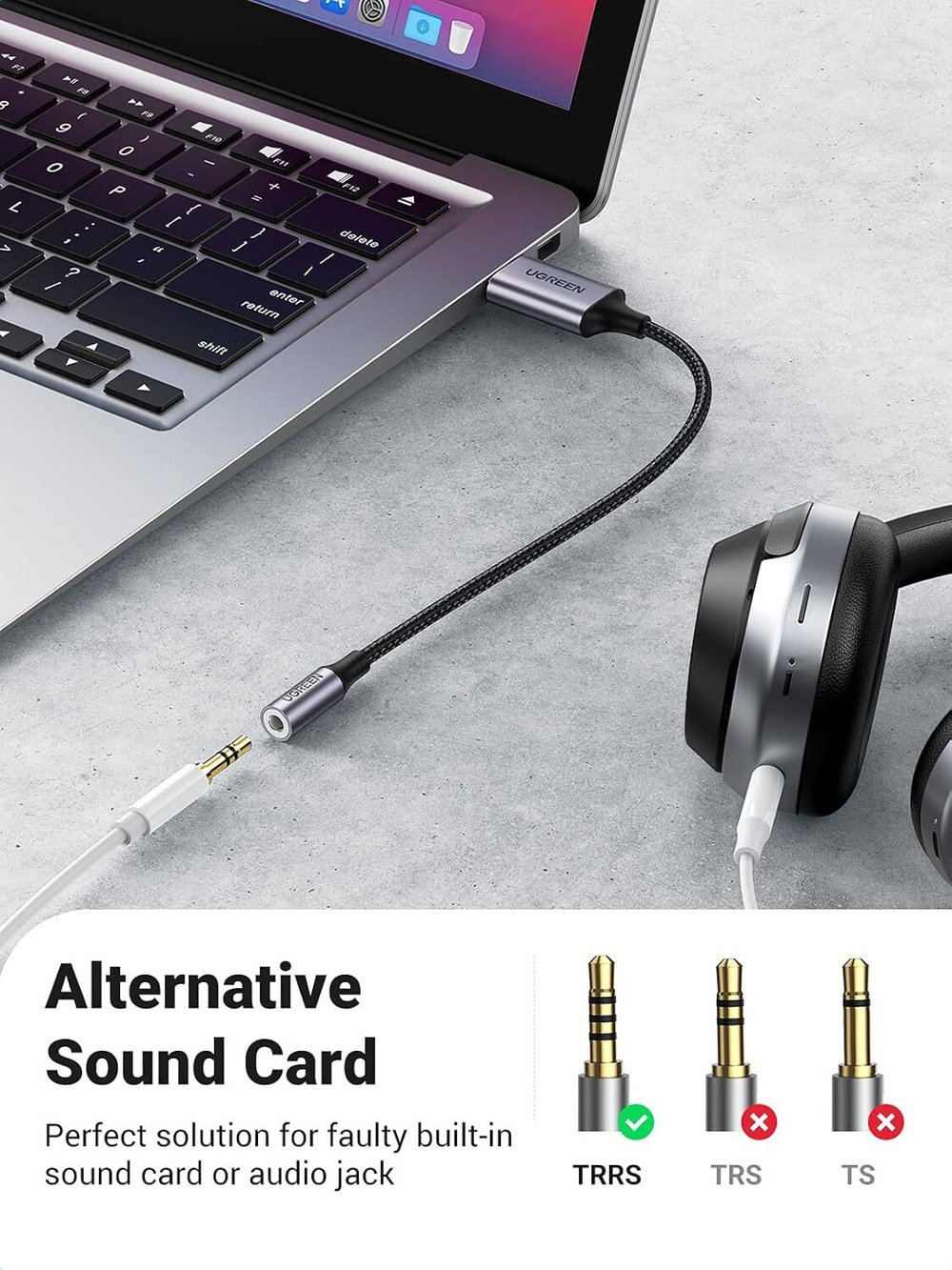 Кабель USB 2.0 на Audio 3.5mm, Mic & Ear, 4-pol OMTP/CTIA, UGREEN 30757