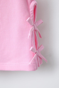 ZARA ФУТБОЛКА В РУБЧИК С ВЫРЕЗОМ И БАНТАМИ, РОЗОВЫЙ