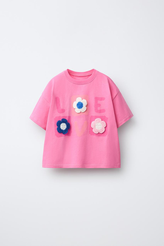 ZARA ФУТБОЛКА С ВЯЗАНЫМИ ЦВЕТАМИ КРЮЧКОМ, ЯРКО-РОЗОВЫЙ