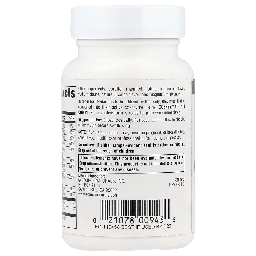 Source Naturals, комплекс ферментированных витаминов группы B, со вкусом перечной мяты, 60 таблеток для рассасывания