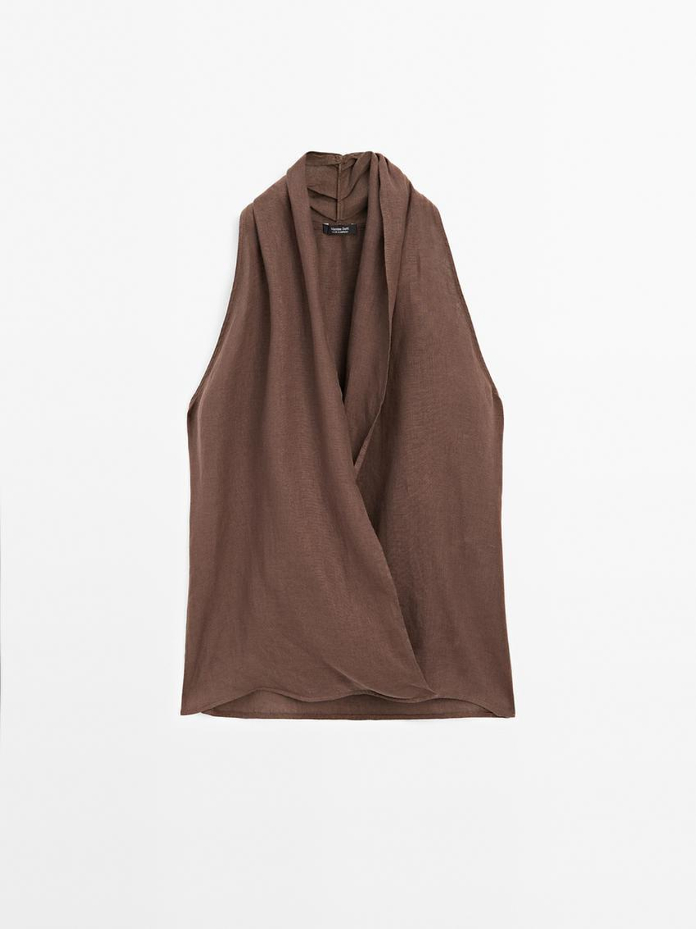 Massimo Dutti Льняной топ внахлест с горловиной халтер, коричневый