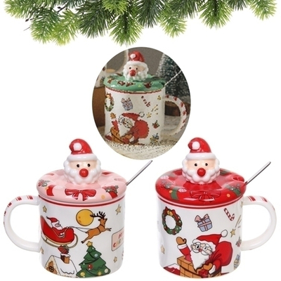 Кружка керамическая 350мл «Санта» с крышкой и ложкой