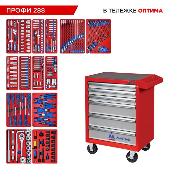 МАСТАК (52-06288R) Набор инструментов 288 предметов, "ПРОФИ 288", в красной тележке
