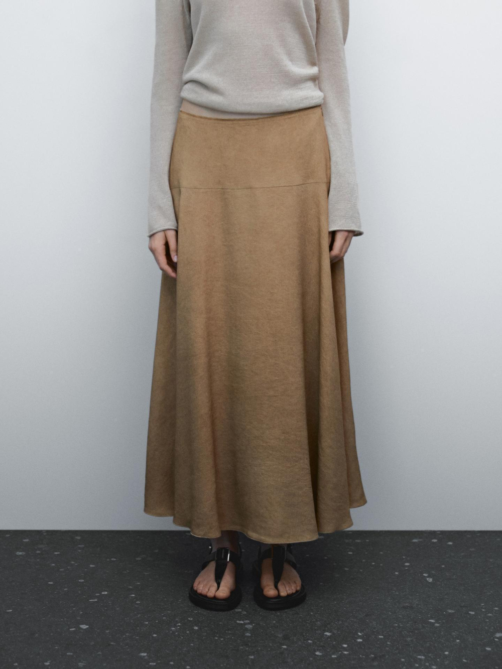 Massimo Dutti Юбка миди из льняной смеси с воланами, коричневый