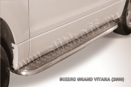 Пороги из нержавейки Suzuki Grand Vitara 3 дв (2008-2012) d42 с алюминиевым листом (черный цвет)