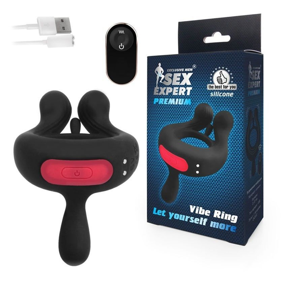 Черное эрекционное виброкольцо Sex Expert с пультом ДУ (Цвет: черный)