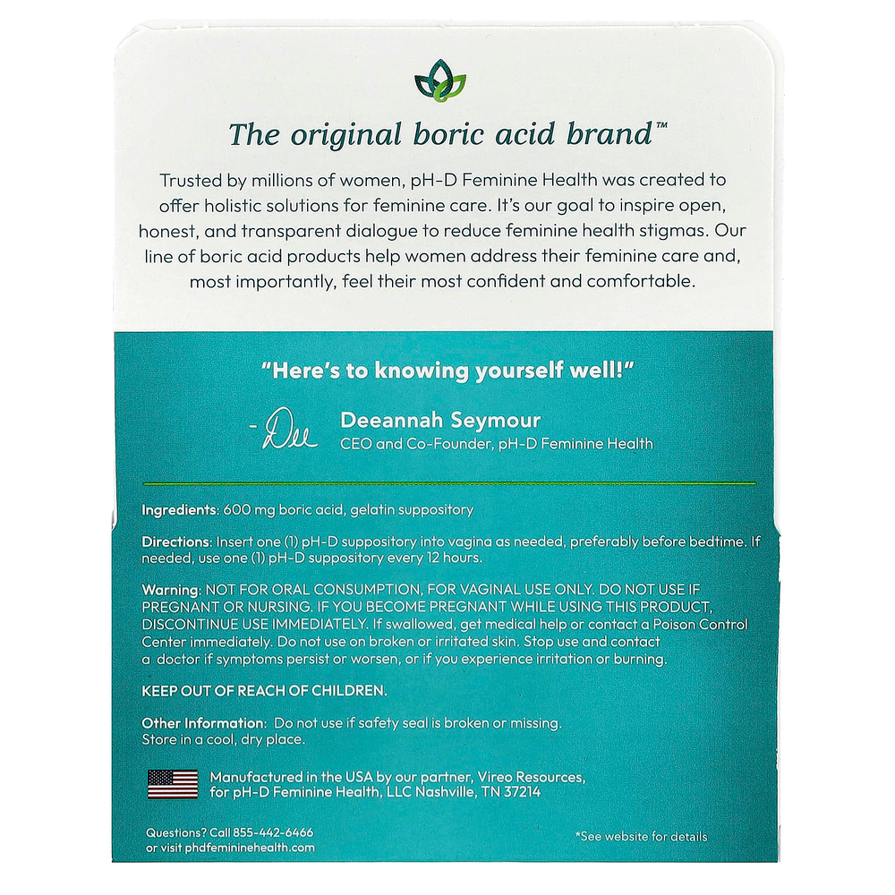 pH-D Feminine Health, Вагинальные свечи с борной кислотой, 600 мг, 24 шт.
