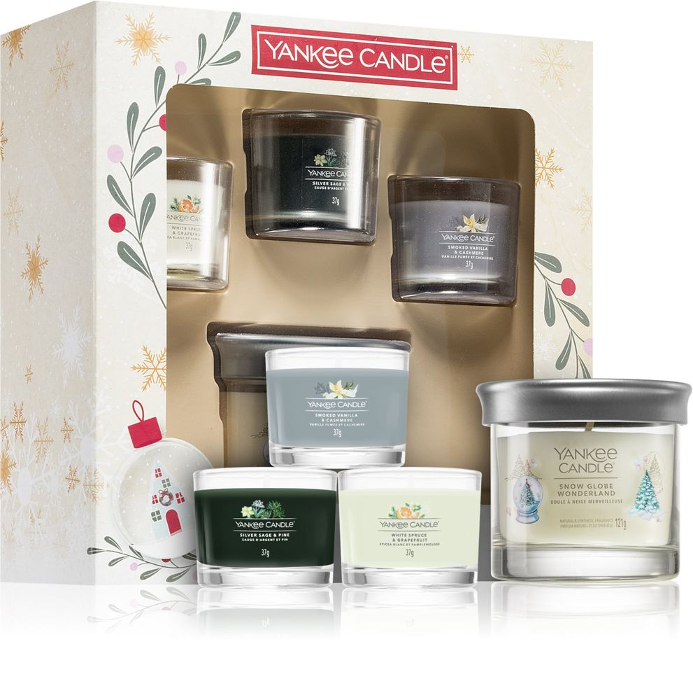 Yankee Candle Snow Globe Wonderland scented candle 121 г + Smoked Vanilla votive candle 37 г + Silver Sage &amp; Pine votive candle 37 г + White Spruce &amp; Grapefruit votive candle 37 г Snow Globe Wonderland 3 Votives &amp; 1 Tumbler Candle