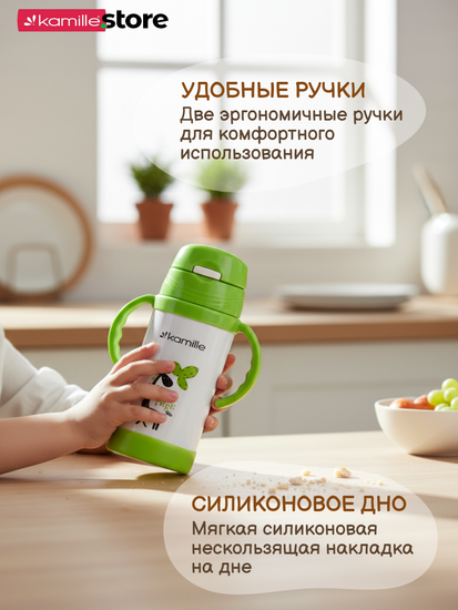Термос для детей 350 мл. Kamille KM-2085 с трубочкой и ручками