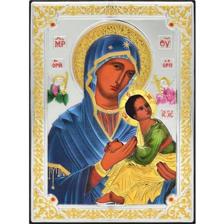 Икона Богородицы "Неустанной помощи" в серебряном окладе.