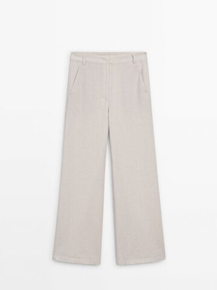Massimo Dutti Расклешенные брюки из смесового льна, натуральный, кремовый